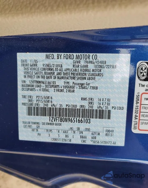 2006 Ford Mustang из США, поврежденный, VIN 1ZVFT80N965166103